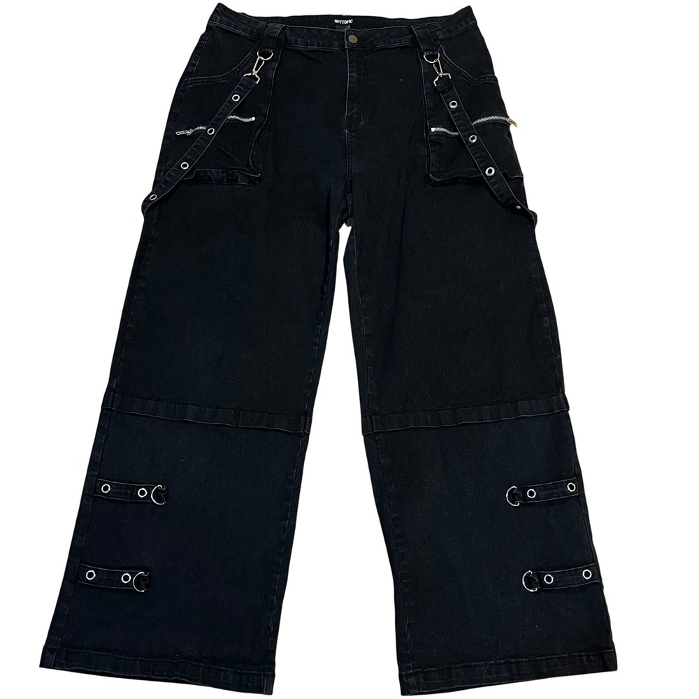 Hot Topic Womens Black Grommet Suspender Wide Leg Jeans 18 Bondage Cargo Gothic